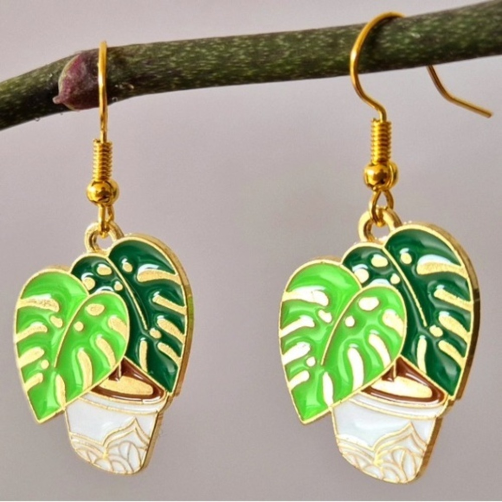 NWT - Plant Lover Monstera Leaf Potted Plant Earrings Set - single sided metal